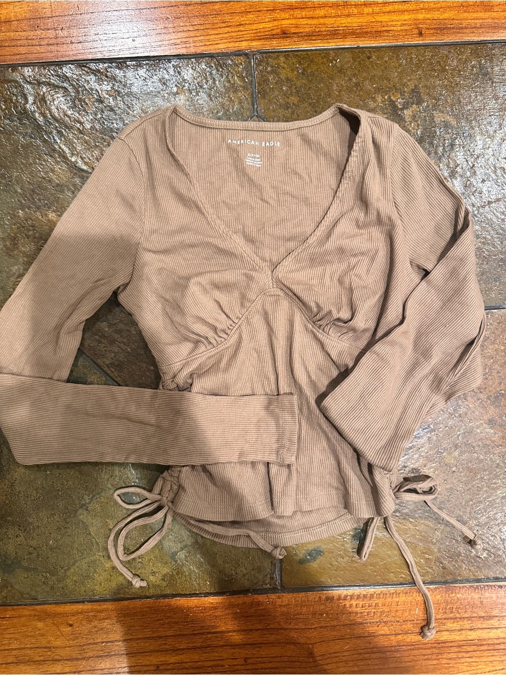 American Eagle Outfitters Taupe Ribbed Long-Sleeve Wrap Top